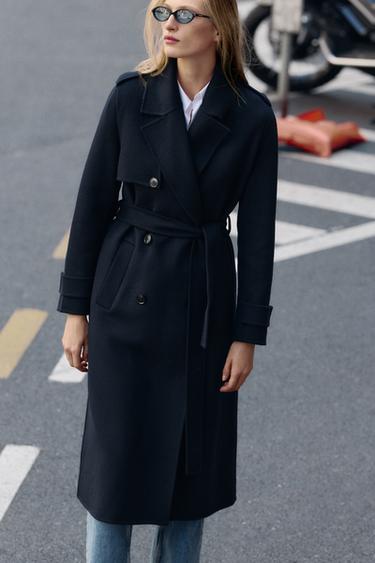 MANTEAU EN LAINE AVEC CEINTURE - bleu marine de Zara - Image 1