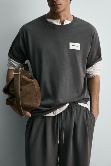 T-SHIRT WITH LABEL PATCH - Dark grey by Zara - Image 4