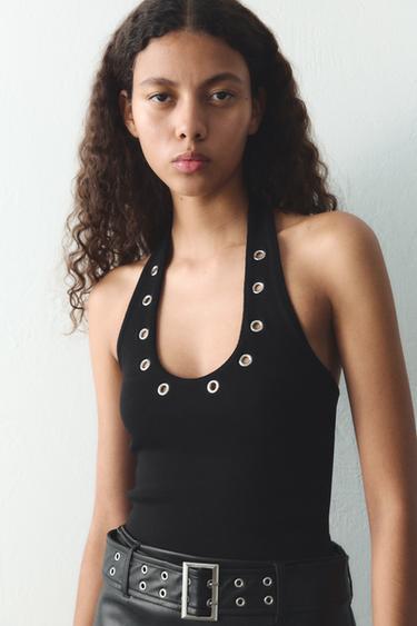 HALTER T-SHIRT WITH EYELETS - Black by Zara
