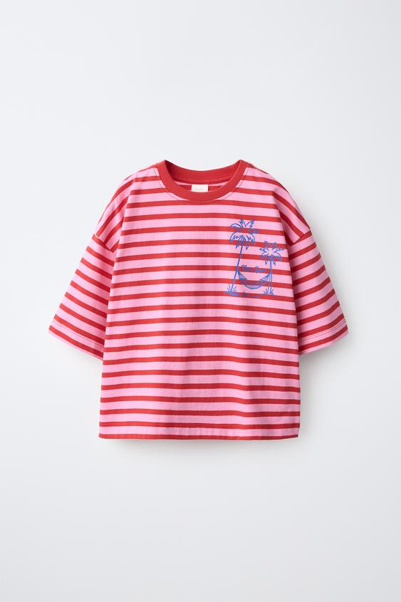 STRIPE PALM PRINT T-SHIRT - Fuchsia by Zara - Image 0