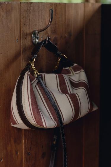 Zara STRIPED FABRIC CITY BAG - Burgundy Red