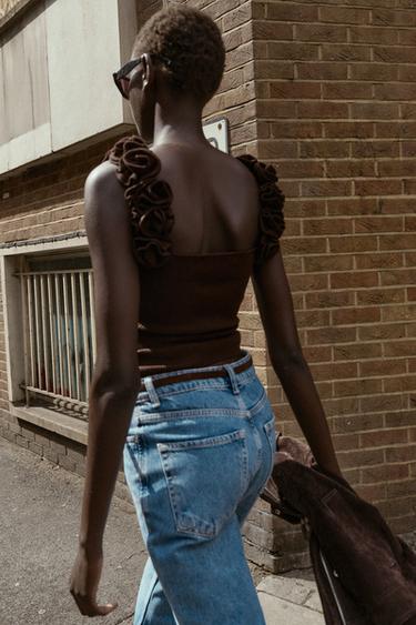 TOP EN MAILLE À BRETELLES À FLEURS - Marron de Zara - Image 2