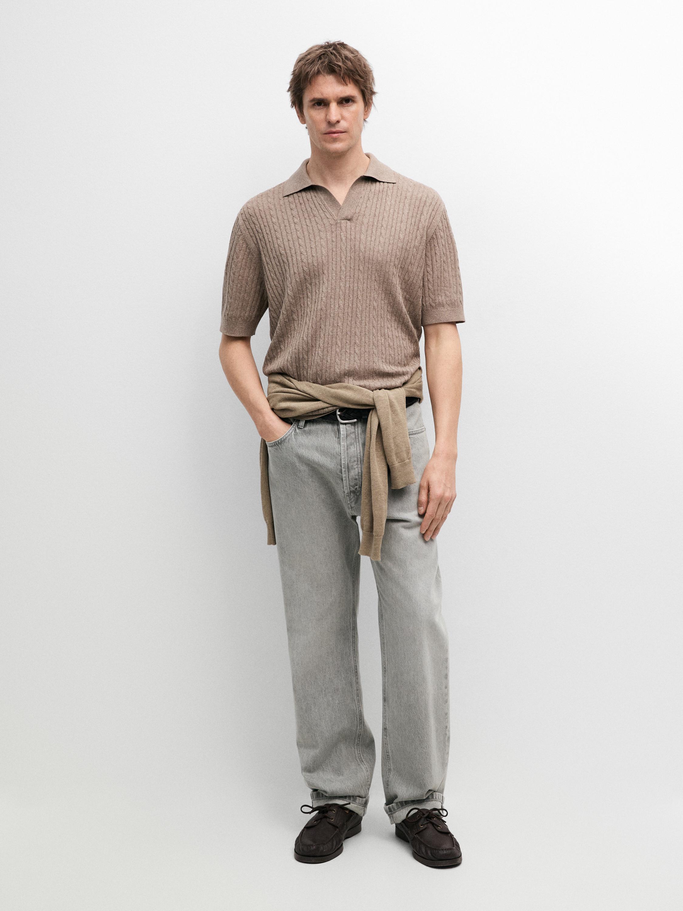 Short sleeve knit polo shirt with cable-knit detail