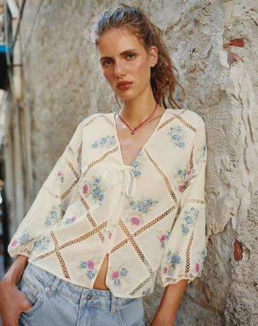 Zara BLUZA SA VEZOM I ČIPKANOM TRAKOM – raznobojno