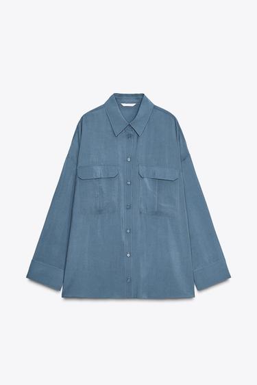 CAMISA CON MODAL BOLSILLOS - Azul lavado de Zara
