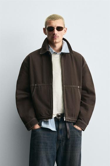 Zara WASHED JACKET WITH CONTRAST STITCHING - Brown