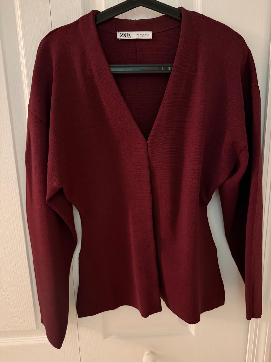 Burgundy long-sleeve top with a deep V-neck hanging on a black hanger over a white door. ZARA text on the label.