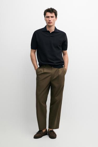 Zara 100% cotton textured knit polo sweater - Navy blue - Image 0