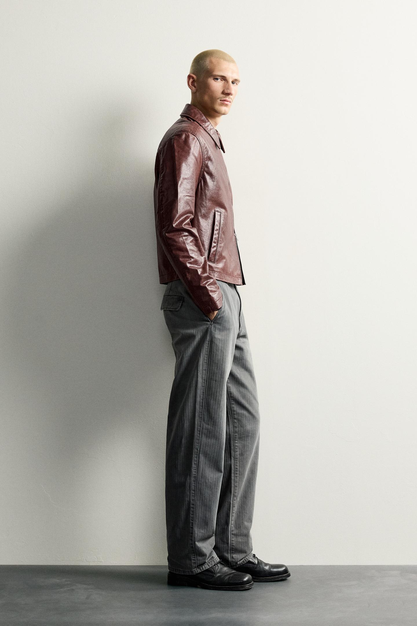 Мужская куртка Zara Cropped-Fit Leather, цвет: Тёмный красный — фото 4