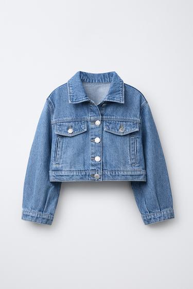 Zara STRIPED CROPPED DENIM JACKET - Blue