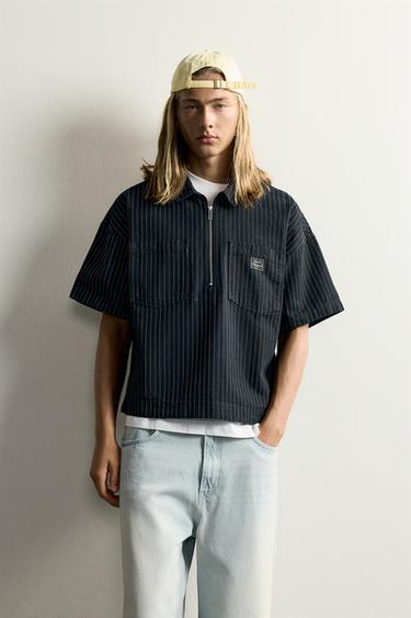 Zara PINSTRIPE BOXY FIT DENIM SHIRT - Blue