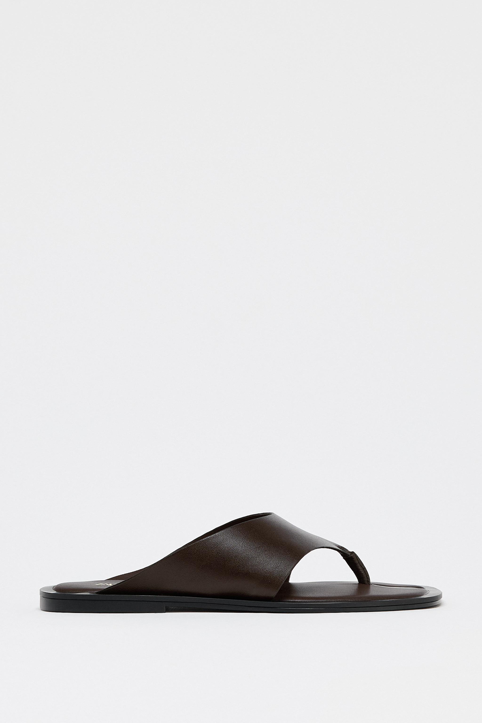 フラット レザー スライドサンダル - ブラウン | ZARA Japan / 日本