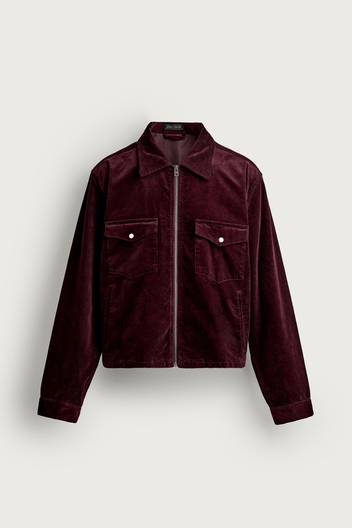 Мужская рубашка Zara Cropped Corduroy Overshirt, цвет: Бордовый — фото 7