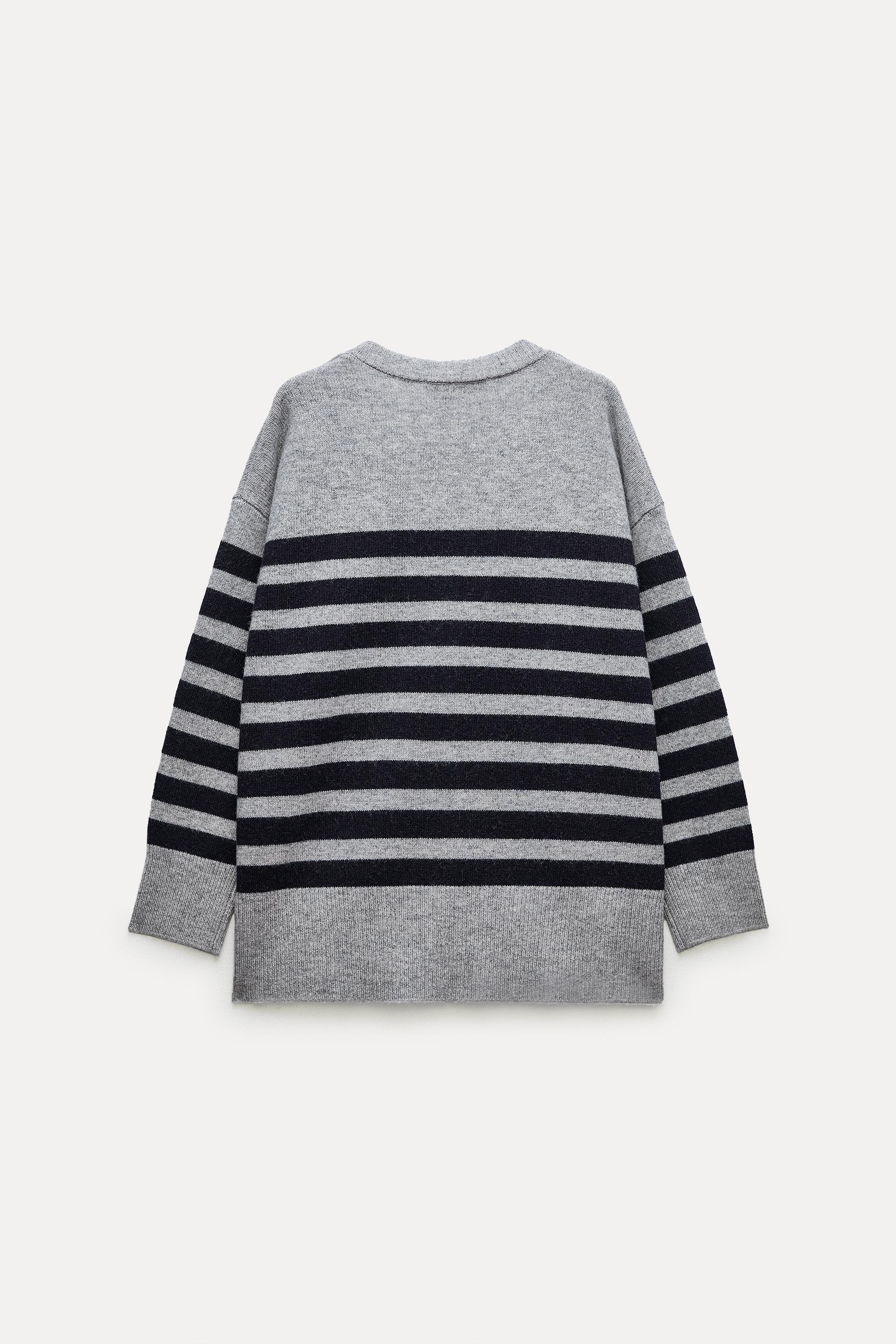 Zara Knit Gray Blue Striped High newest Low Mock Neck Sweater