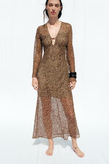 SEQUINNED MIDI DRESS - Brown by Zara
