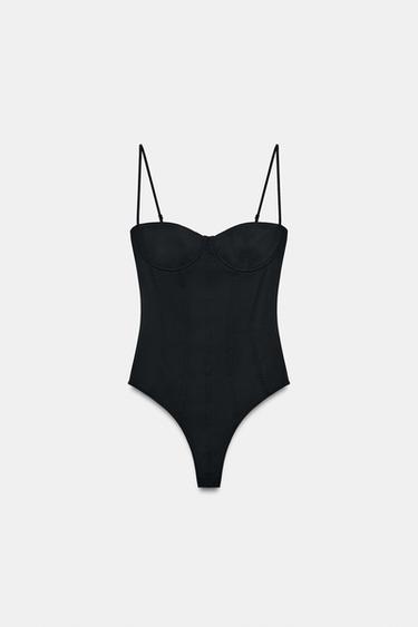 POLYAMIDE BLEND BODYSUIT WITH LACE TRIM - Black by Zara