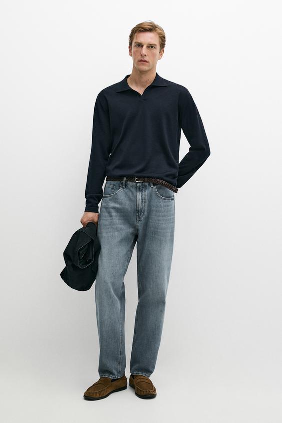 Zara 100% merino wool knit polo sweater - Navy blue - Image 0