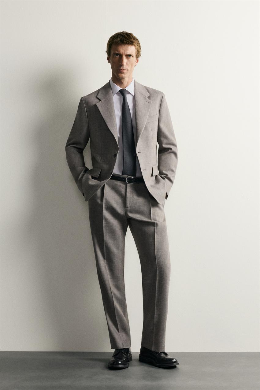 Zara - Wool-Blend Regular Fit Suit Pants - Gray / Beige - 34 (Us 34)