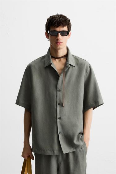 100% LINEN SHIRT - Green / Blue by Zara