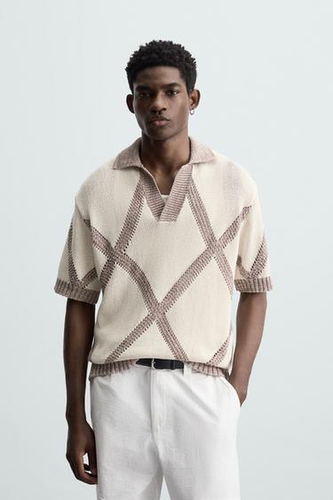 Zara RHOMBUS JACQUARD KNIT POLO SHIRT - Brown / Taupe