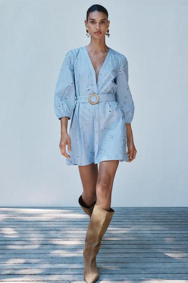 Zara SHORT RUBBERIZED EMBROIDERED DRESS - Sky blue
