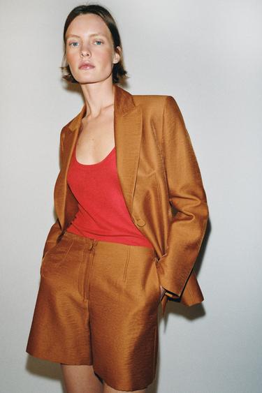 LINEN BLEND SHORTS WITH COVERED BUTTON - Curry by Zara - Image 3