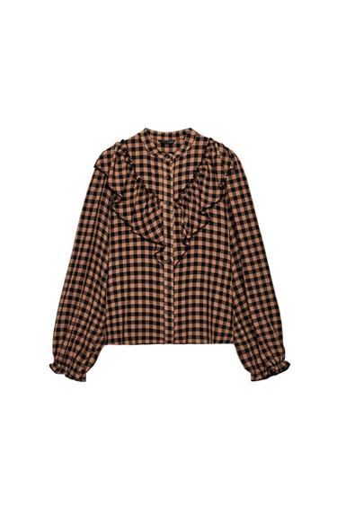 BLUSA CUADROS VOLANTES - Tostado de Zara