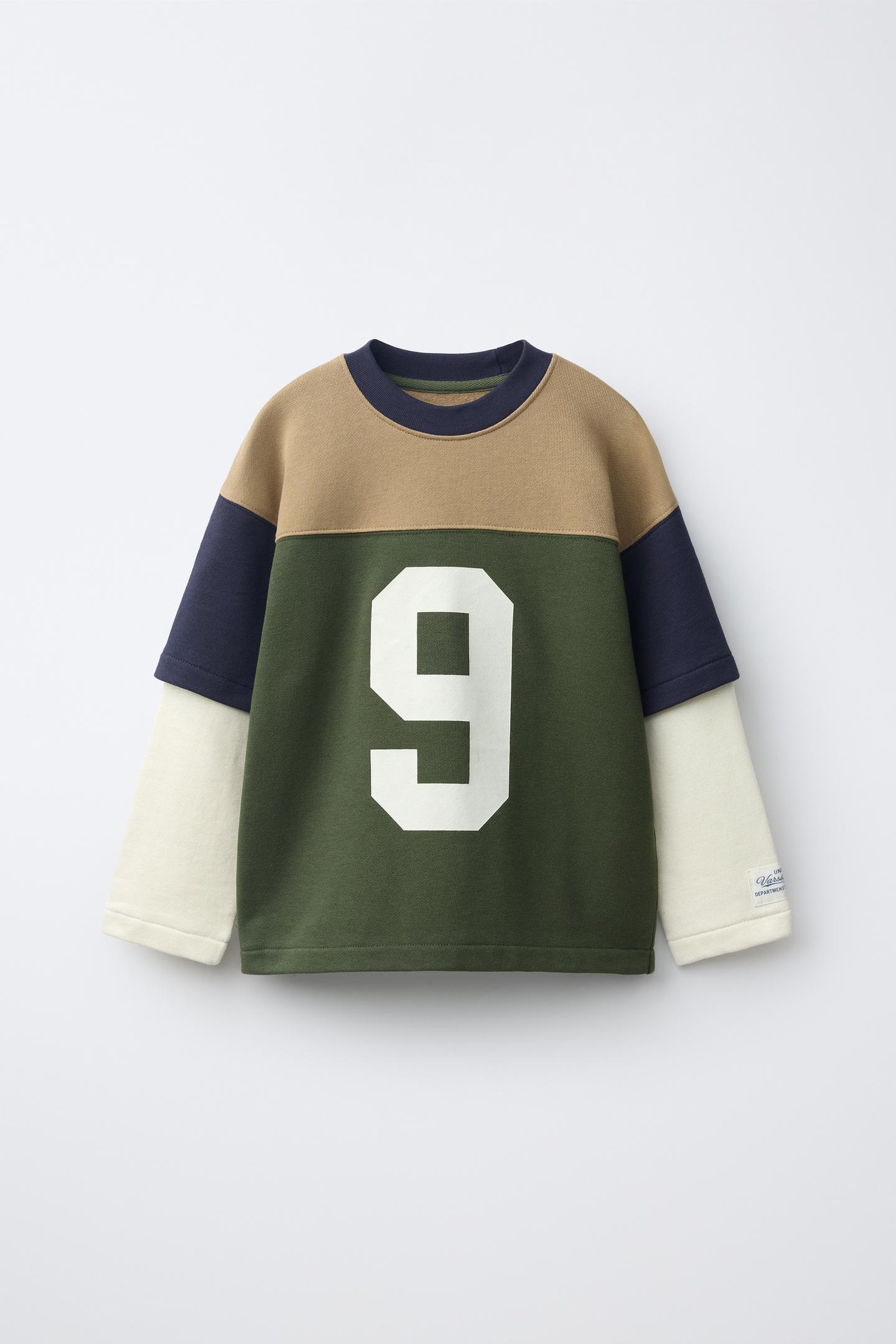 Детская толстовка Zara Varsity Number Double-Sleeve, цвет: Зелёный / Экрю — фото 2