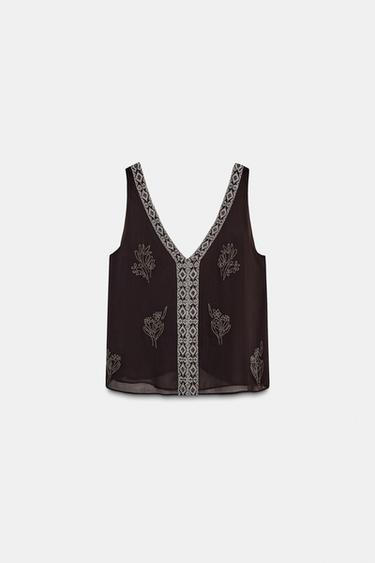EMBROIDERED TOP ZW COLLECTION LIMITED EDITION - Anthracite grey by Zara