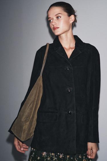 LIMITED EDITION ZW COLLECTION 100% SUEDE OVERSIZE BLAZER - Black by Zara - Image 6