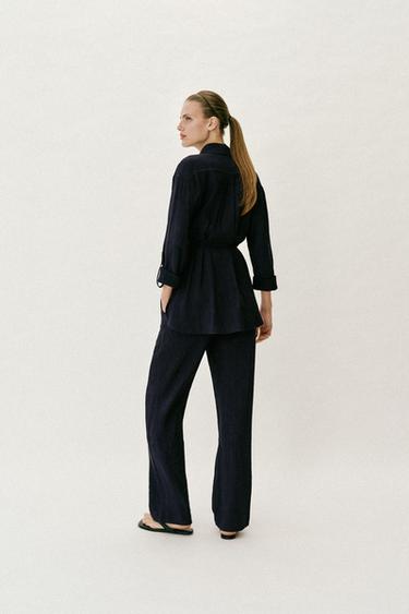 PANTALON DROIT EFFET FROISSÉ - Bleu marine de Zara - Image 4