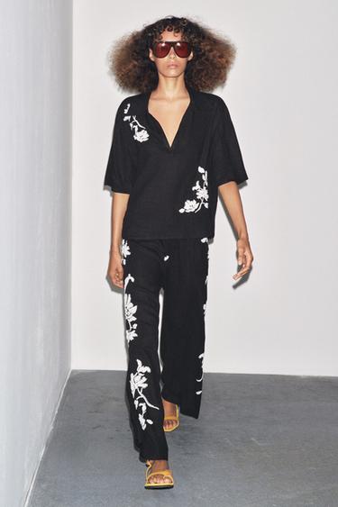 Zara BEADED EMBROIDERED PANTS ZW COLLECTION - Black / White