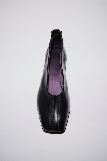 SQUARE TOE LEATHER BALLERINAS - Black by Zara