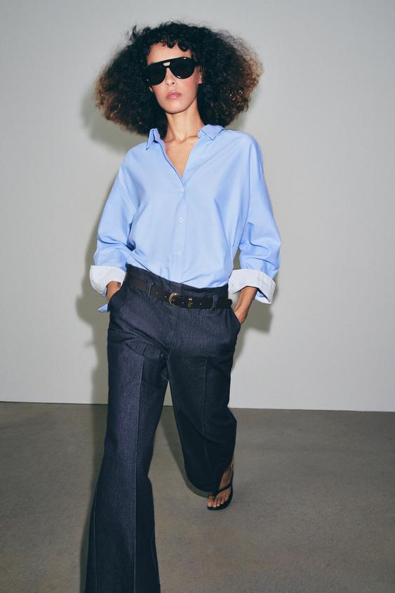 Zara CUFFED HEM BELTED PANTS - Indigo - Image 0