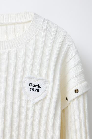 Zara HEART PATCH KNIT JUMPER - Ecru
