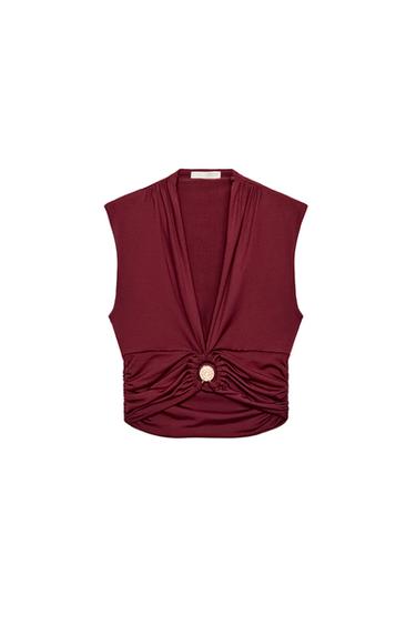 DRAPED POLYAMIDE TOP WITH METALLIC DETAIL - Burgundy by Zara