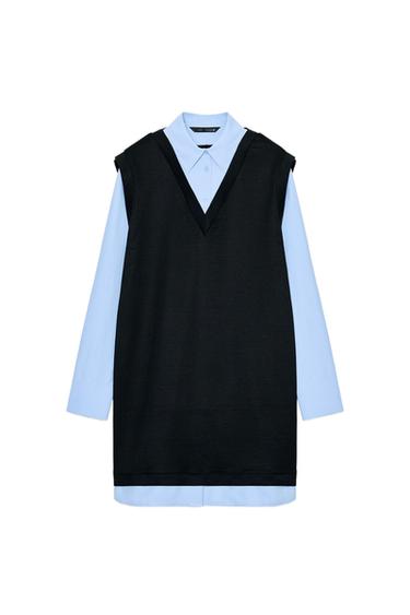 Zara COMBINED POPLIN MINI DRESS - Blue / Black - Image 0