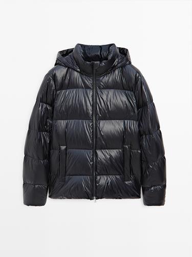 Zara Water-repellent satin puffer jacket - Navy blue