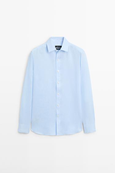 Zara Slim fit 100% linen shirt - Green stripe - Image 0
