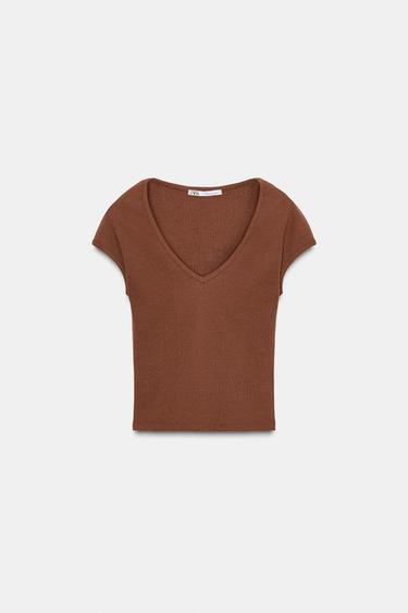 Zara V-NECK CROP T-SHIRT - Brown