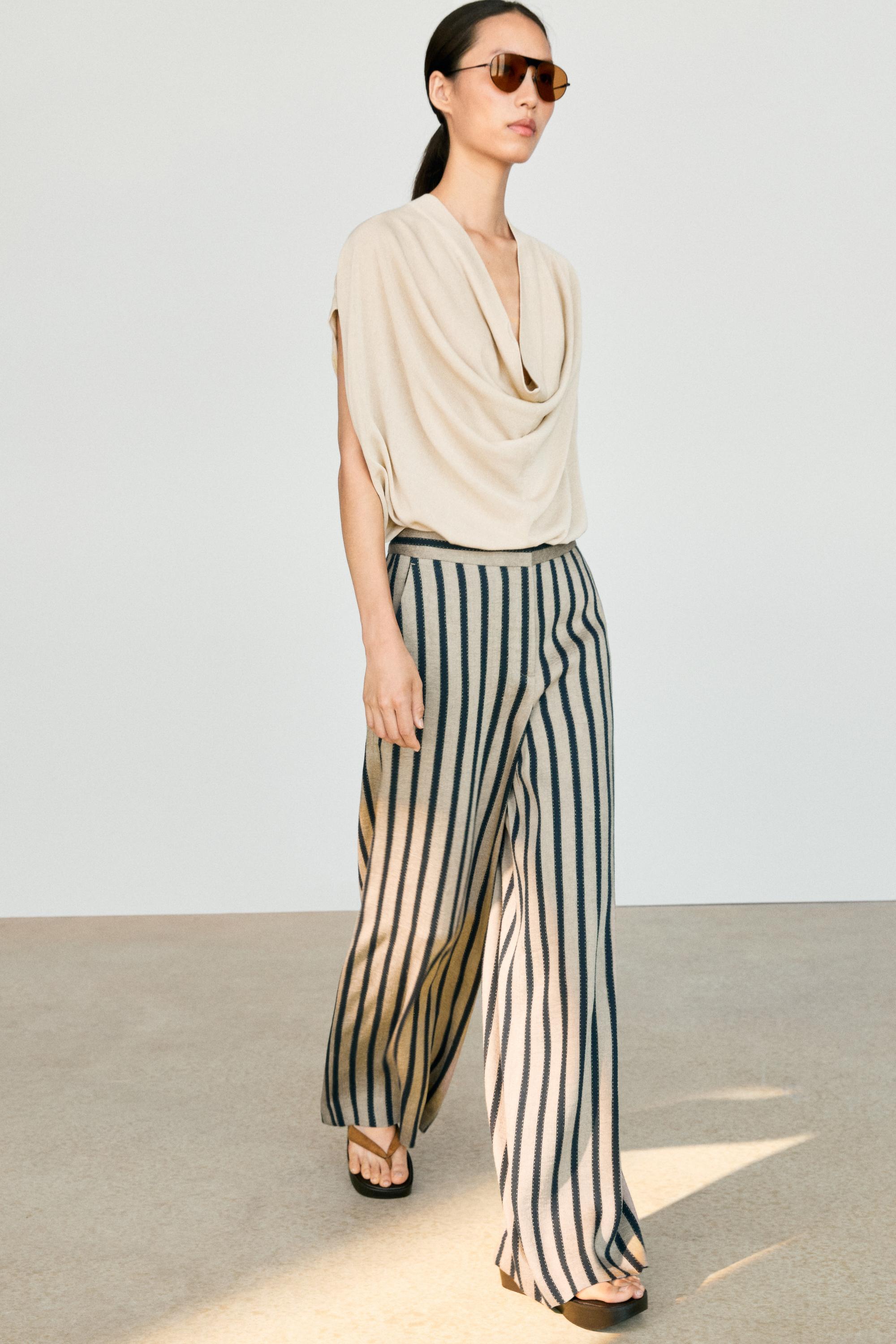 Striped wide-leg linen blend pants
