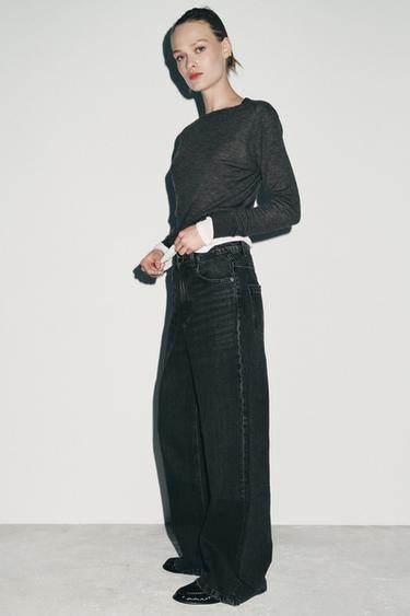 JEANS ZW COLLECTION PERNA LARGA CINTURA ALTA - Preto da Zara