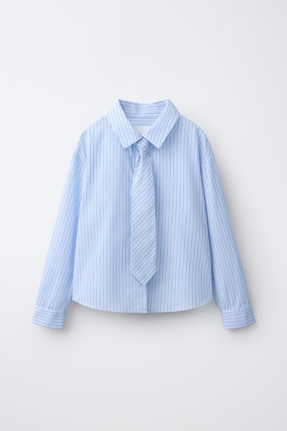CHEMISE À CRAVATE RAYÉE - Bleu / Blanc de Zara - Image 0