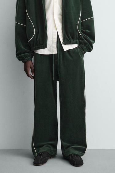 Zara 滾邊絲絨長褲 - 綠色