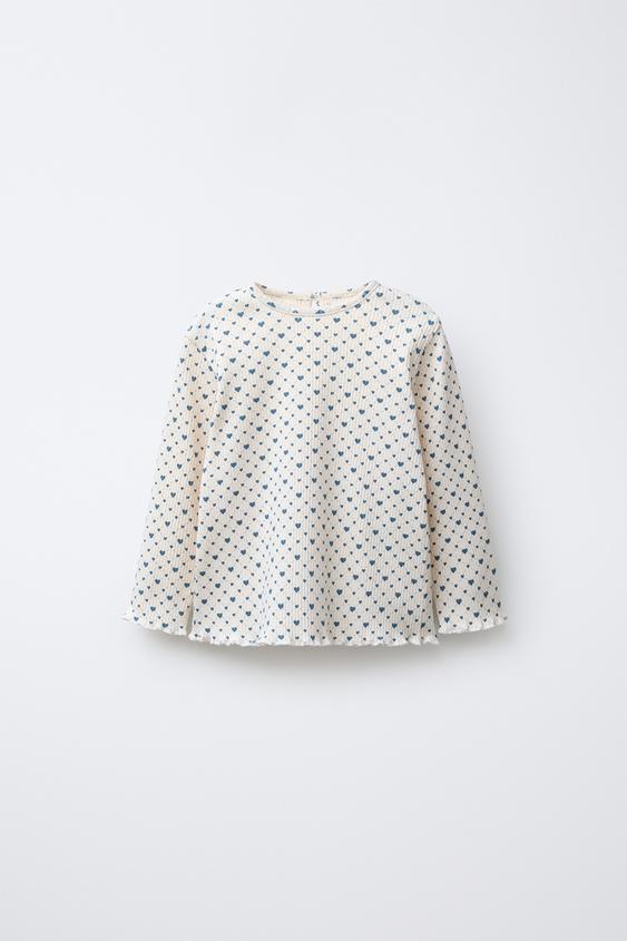 SOFT TOUCH RIBBED T-SHIRT WITH HEARTS - Ecru / Blue by Zara - Image 0