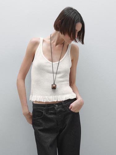 Zara 100% linen top with ruffled hem - Oyster-white