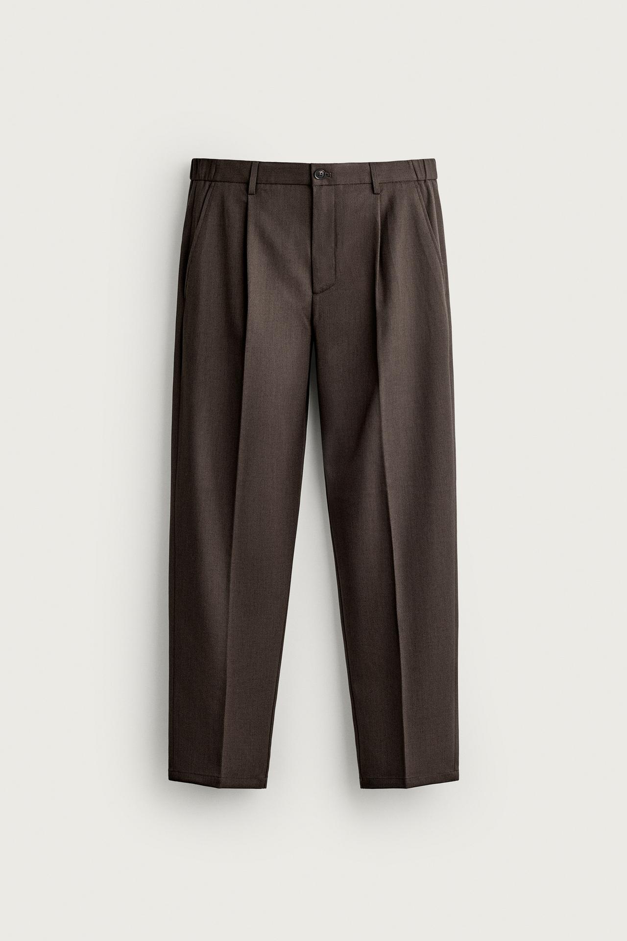 SLIM FIT PLEATED PANTS — Brown