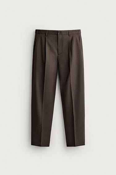 SLIM FIT PLEATED PANTS — Brown 1