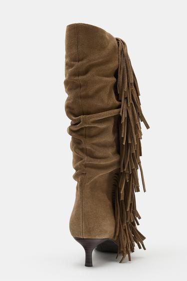 FRINGED SPLIT SUEDE BOOTS - Dark tan by Zara - Image 6
