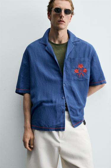 CHEMISE VISCOSE ET LIN BRODERIES CONTRASTE - Bleu électrique de Zara - Image 4